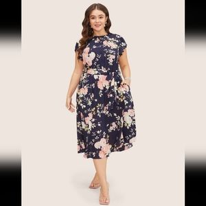 BloomChic Floral Frill Trim Mock Neck Pocket Ruffle Belted Cap Sleeve Dress 12